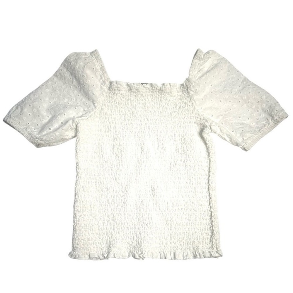White Smocked Girls Puff Sleeve Top. M (10-12)